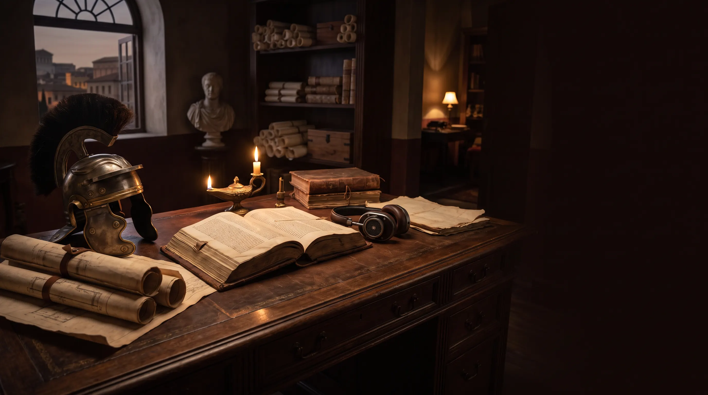 Candlelit Roman study with an open manuscript and audiobook headphones